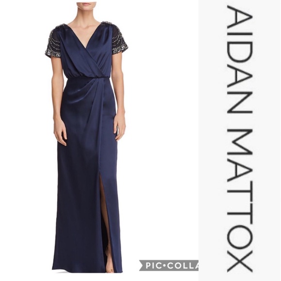 Aidan Mattox embellished short sleeve satin long gown - Picture 2 of 12